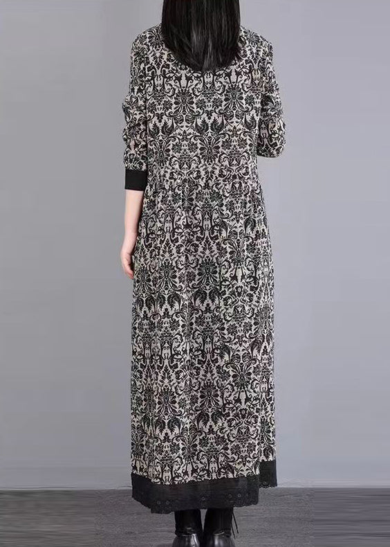 Black Print Patchwork Cotton Long Dress Peter Pan Collar Fall