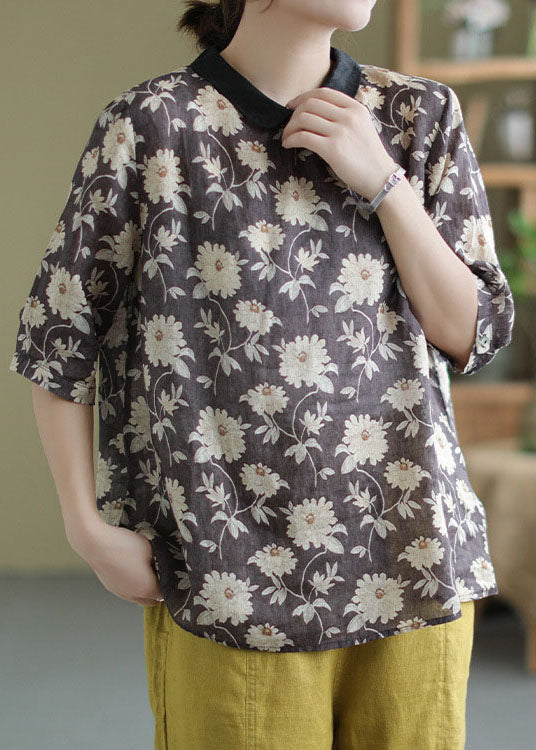 Black Print Patchwork Linen Shirt Top Peter Pan Collar Summer