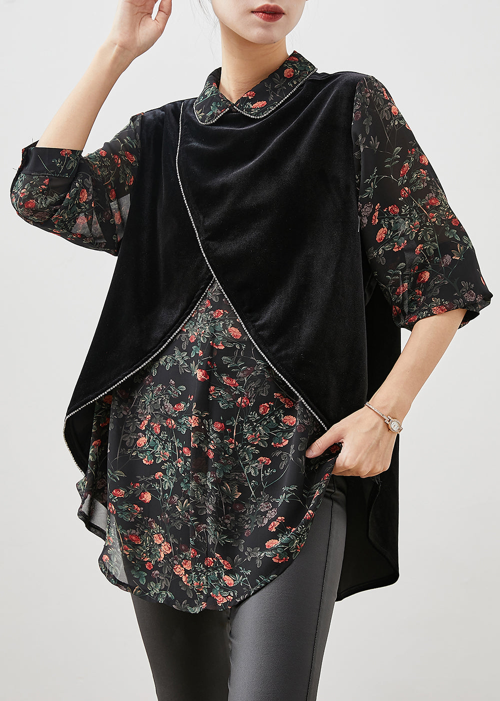 Black Print Patchwork Silk Velour Fake Two Piece Shirt Spring