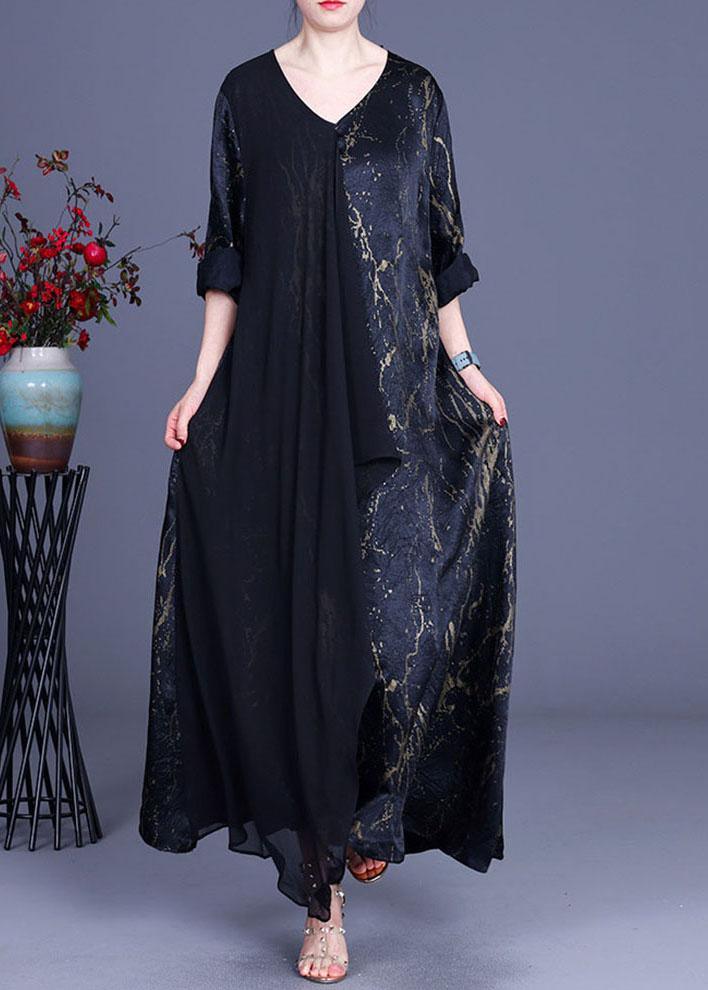 Black Print Patchwork Summer Silk Dress - Omychic