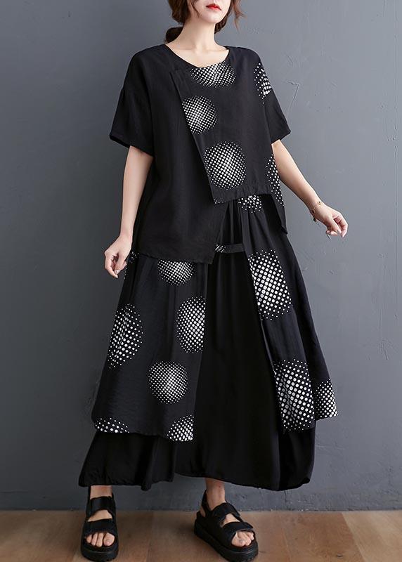 Black Print Short Sleeve Round Neck T-shirt Elastic Waist Skirt Suit Summer ( Limited Stock) - Omychic