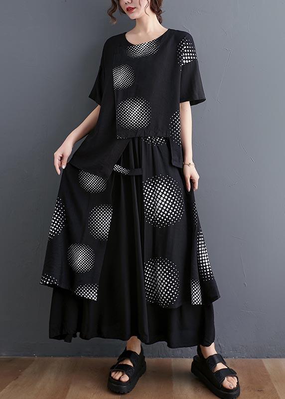 Black Print Short Sleeve Round Neck T-shirt Elastic Waist Skirt Suit Summer ( Limited Stock) - Omychic