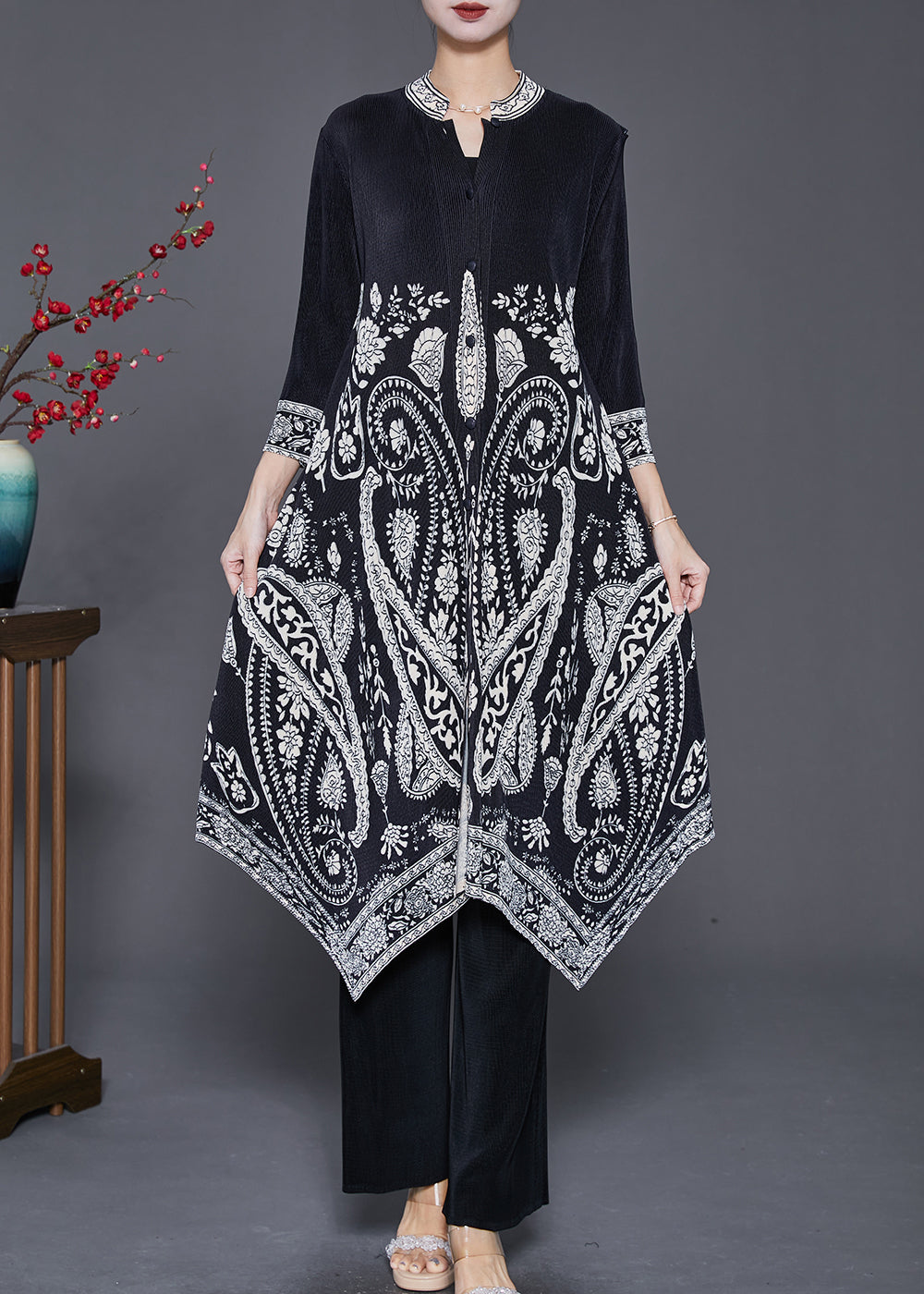 Black Print Silk Dress And Pant Two Piece Set Outfits Asymmetrical Fall