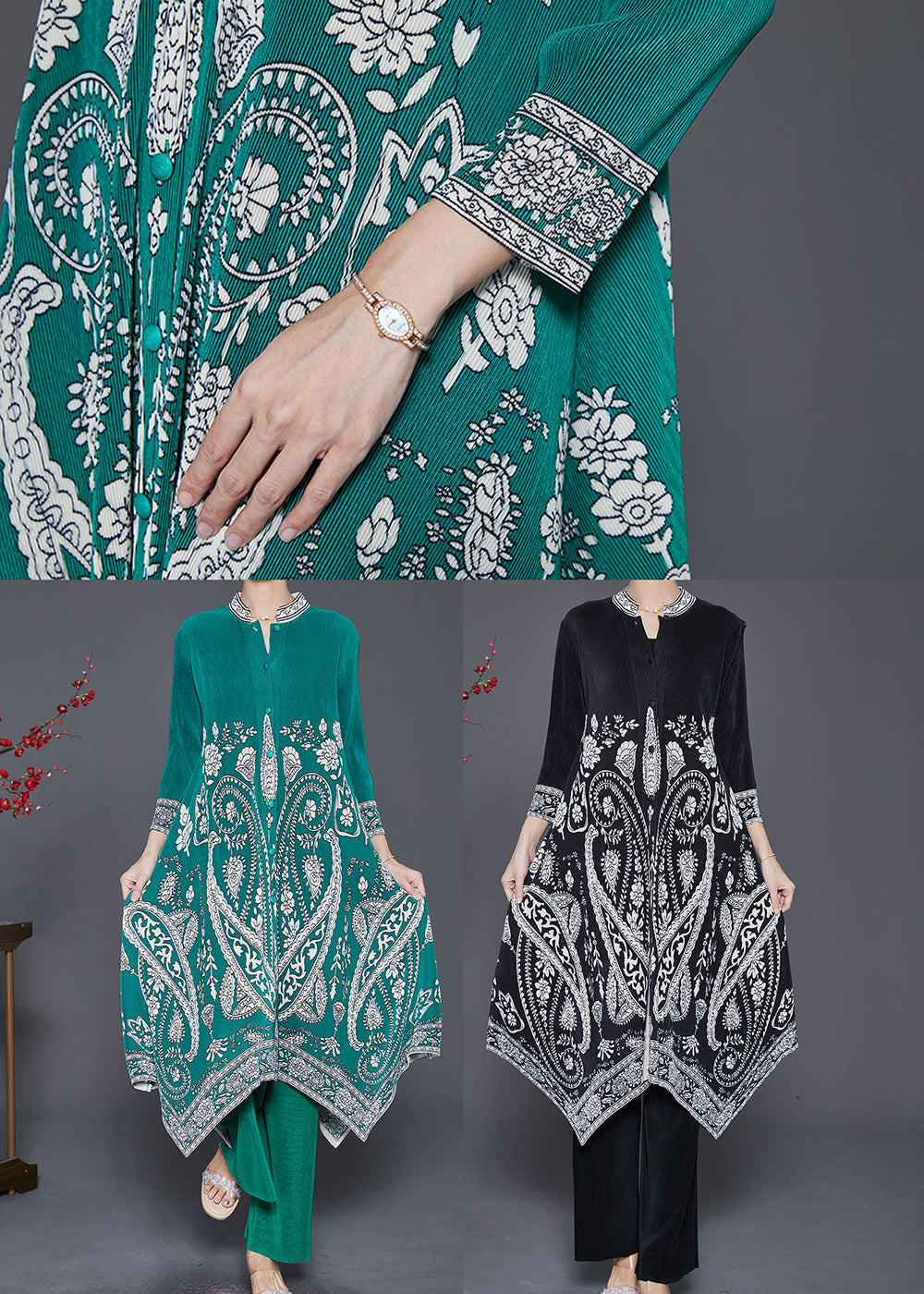 Black Print Silk Dress And Pant Two Piece Set Outfits Asymmetrical Fall