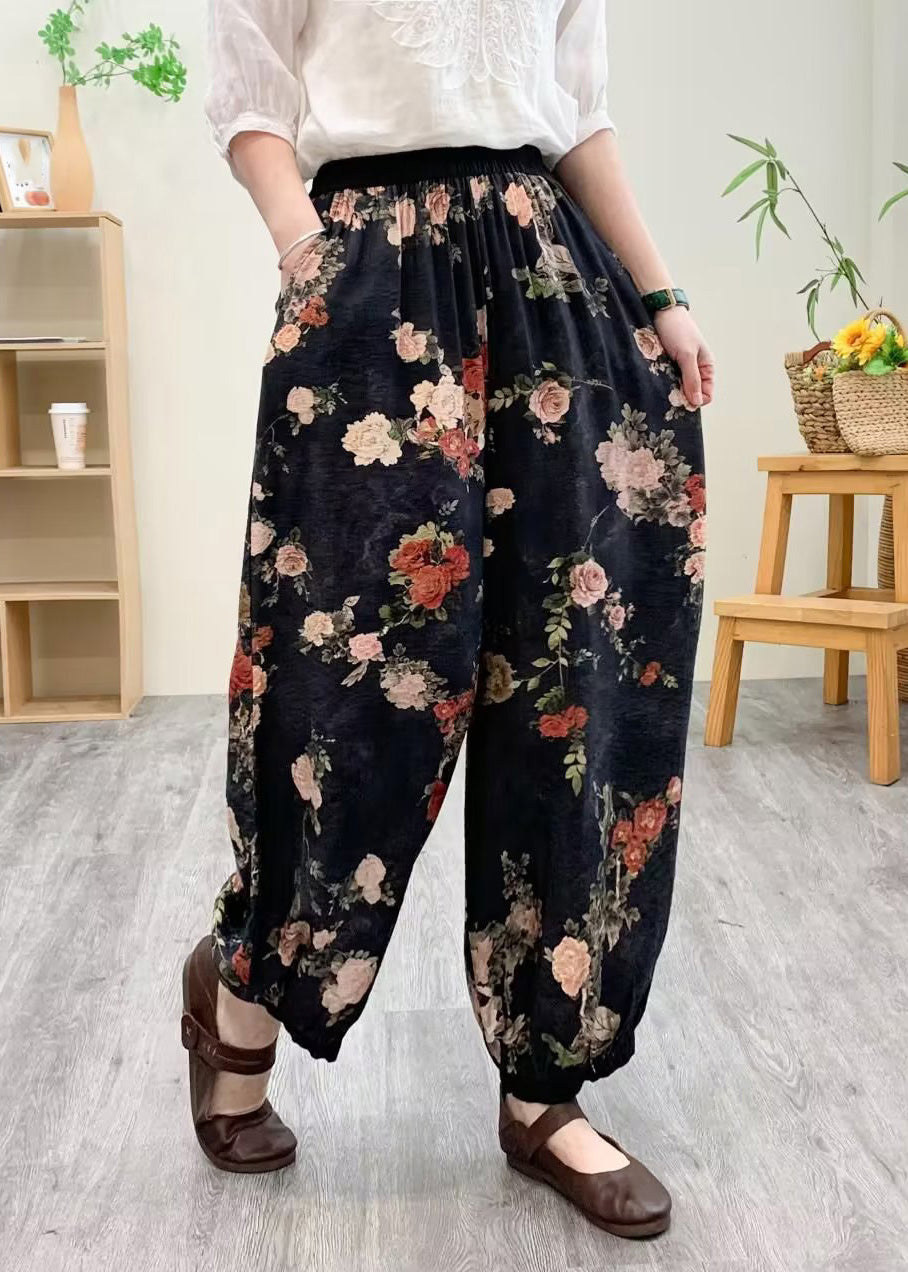 Black Print Silk Linen Lantern Pants Summer