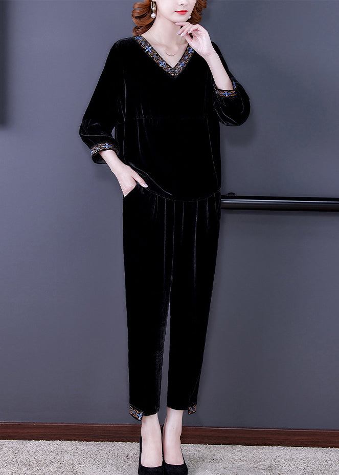Black Print Silk Velour Top And Beam Pants Two Pieces Set Long Sleeve