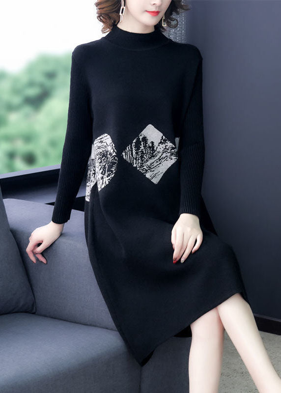 Black Print Warm Cashmere Sweater Dress Stand Collar Long Sleeve