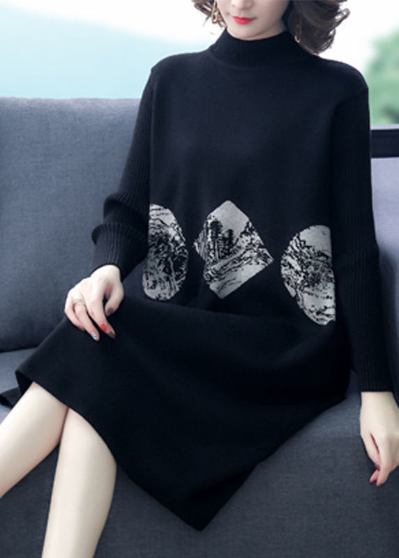 Black Print Warm Cashmere Sweater Dress Stand Collar Long Sleeve