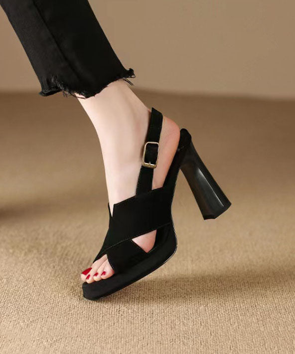 Black Sandals High Heel Sheepskin Women Splicing Peep Toe Buckle Strap