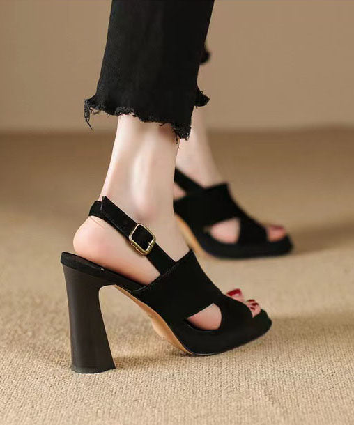 Black Sandals High Heel Sheepskin Women Splicing Peep Toe Buckle Strap