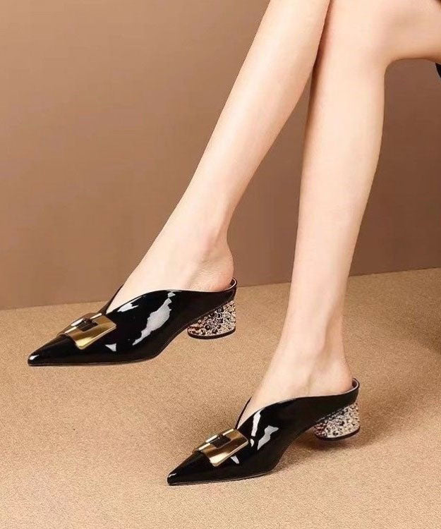 Black Sequined Splicing Pointed Toe Chunky Slide Sandals