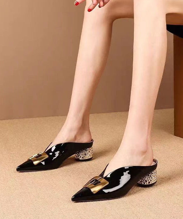 Black Sequined Splicing Pointed Toe Chunky Slide Sandals