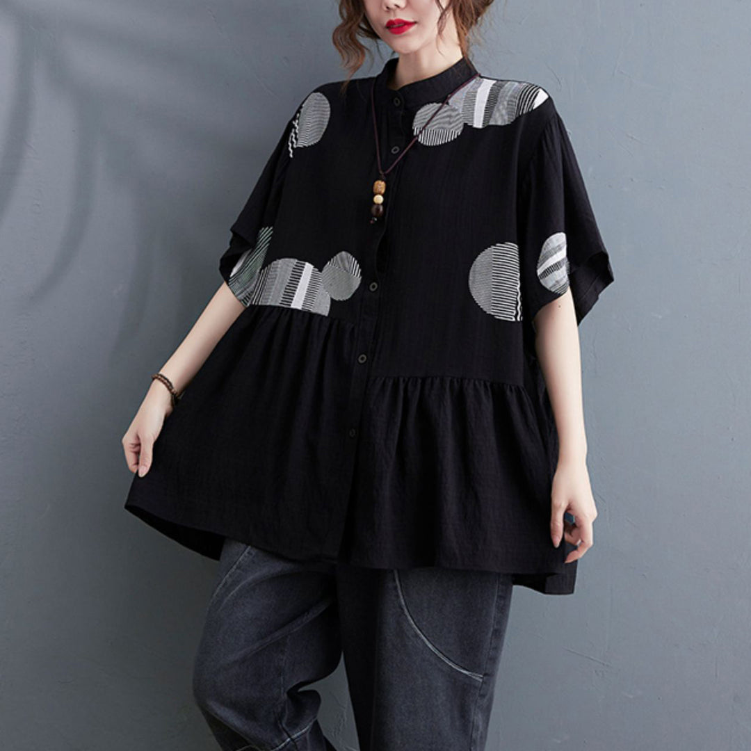 Black Shirt Tops Button wrinkled Asymmetrical Short Sleeve