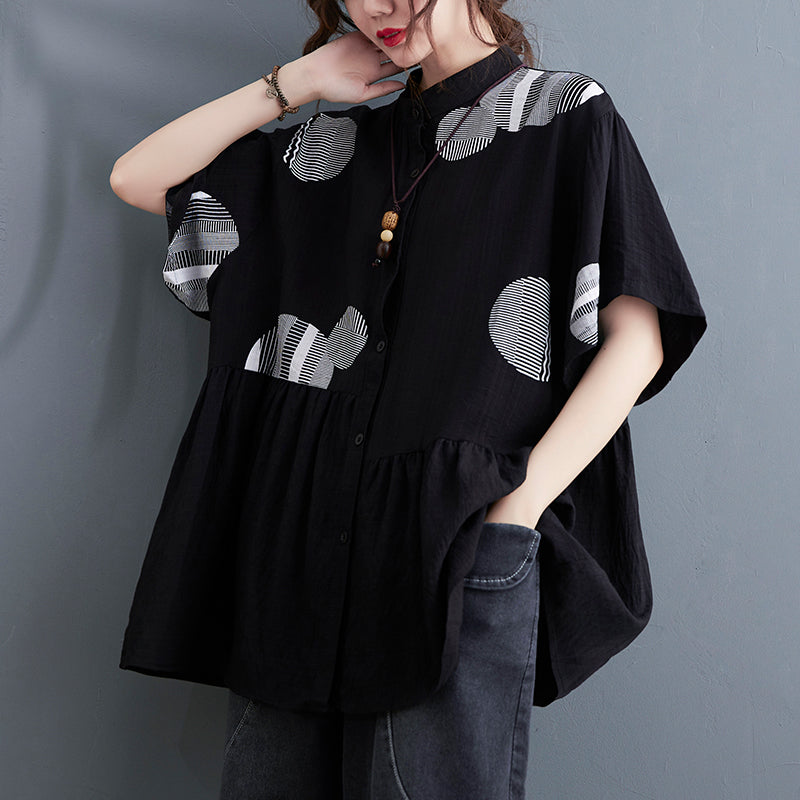 Black Shirt Tops Button wrinkled Asymmetrical Short Sleeve