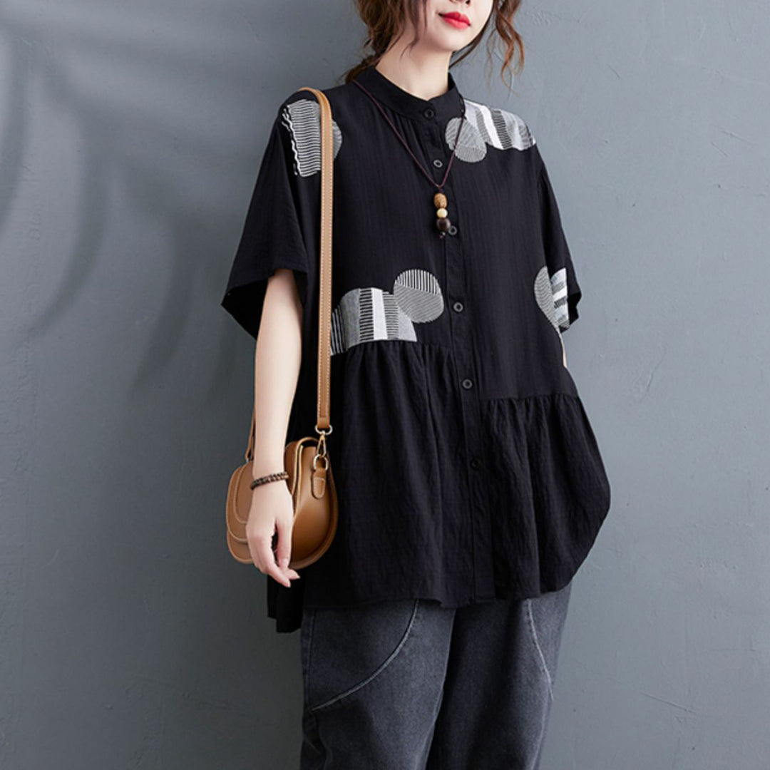 Black Shirt Tops Button wrinkled Asymmetrical Short Sleeve