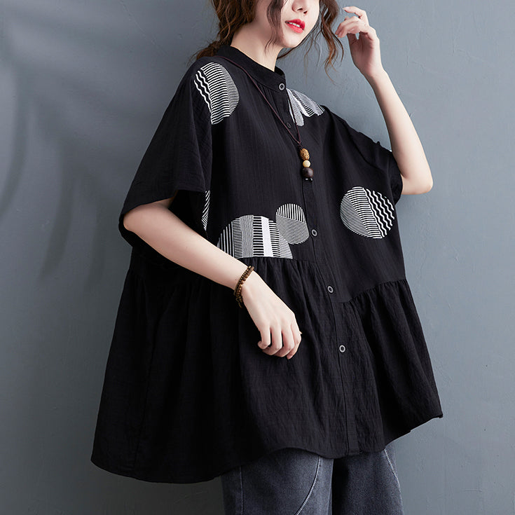 Black Shirt Tops Button wrinkled Asymmetrical Short Sleeve