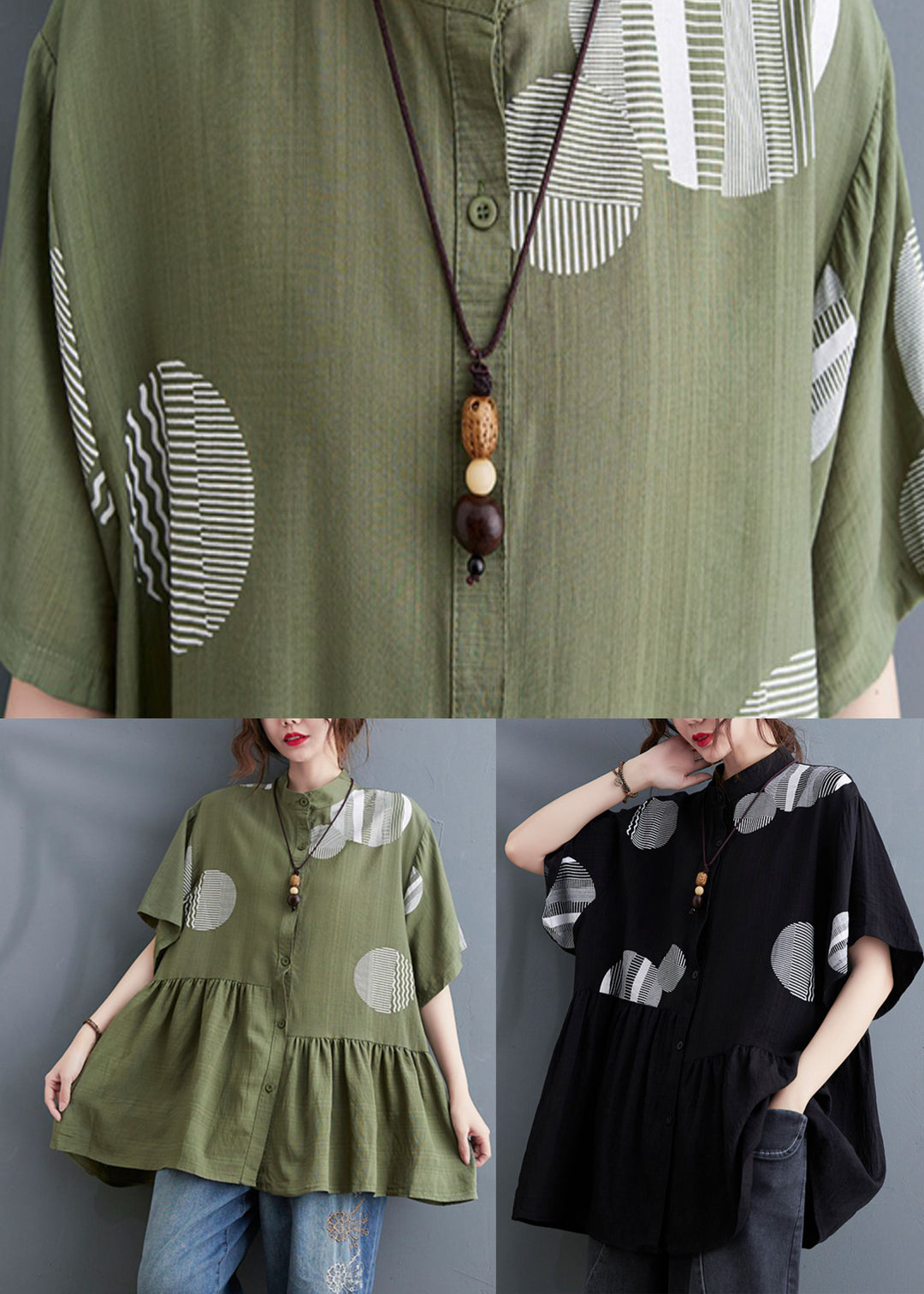 Black Shirt Tops Button wrinkled Asymmetrical Short Sleeve