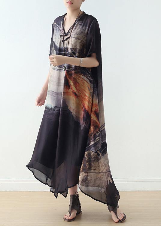 Black Silk Vintage Large Irregular Print Dress - Omychic