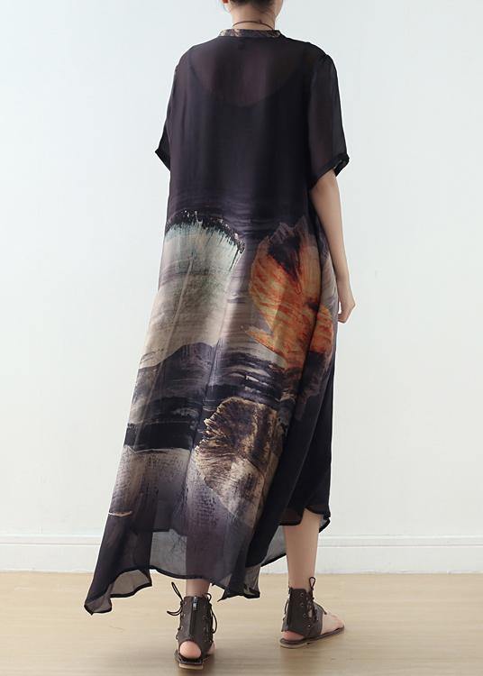 Black Silk Vintage Large Irregular Print Dress - Omychic