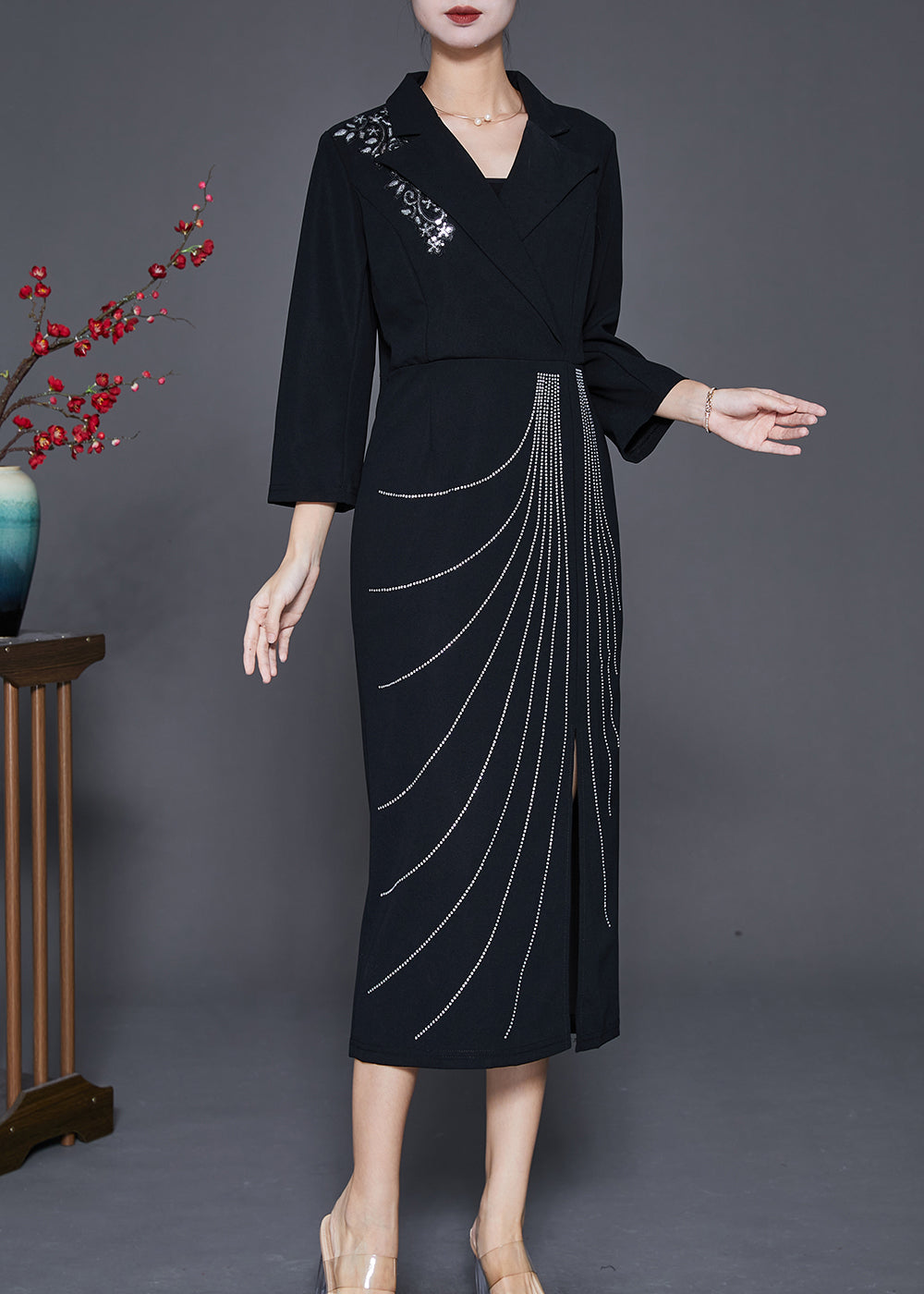 Black Silm Fit Cotton Long Dresses Notched Collar Fall