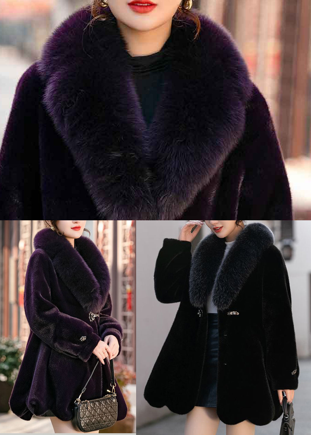 Black Slim Fit Mink Velvet Coat Fox Collar Pockets Winter