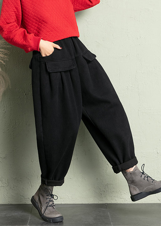 Black Solid Cotton Harem Pants Elastic Waist Spring