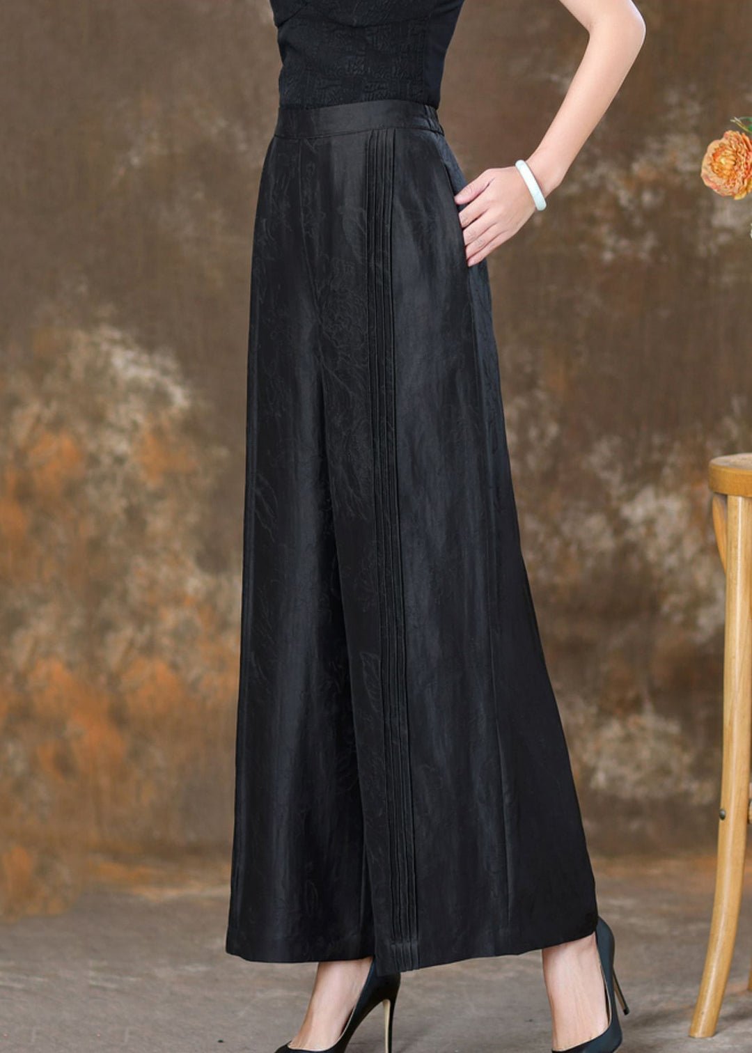 Black Solid Patchwork Silk Velour High Waist Wide Leg Pants