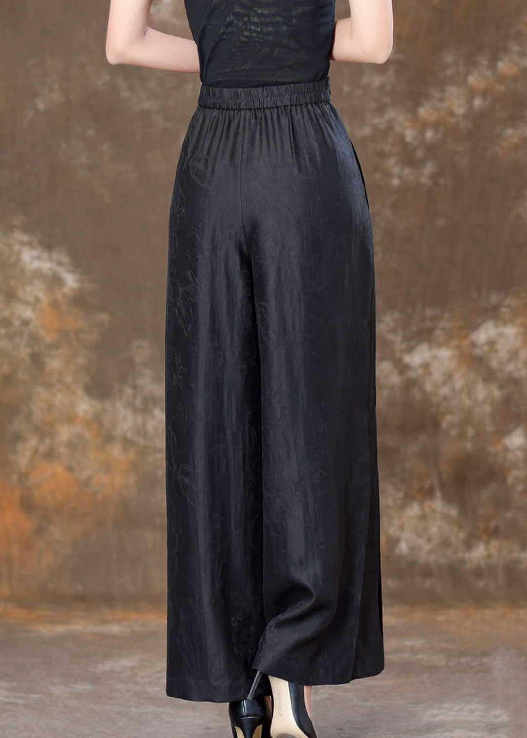 Black Solid Patchwork Silk Velour High Waist Wide Leg Pants