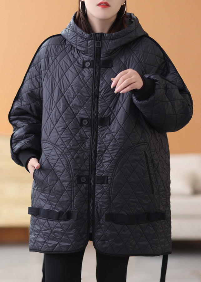 Black Solid Patchwork Thick Parka Zip Up Long Sleeve