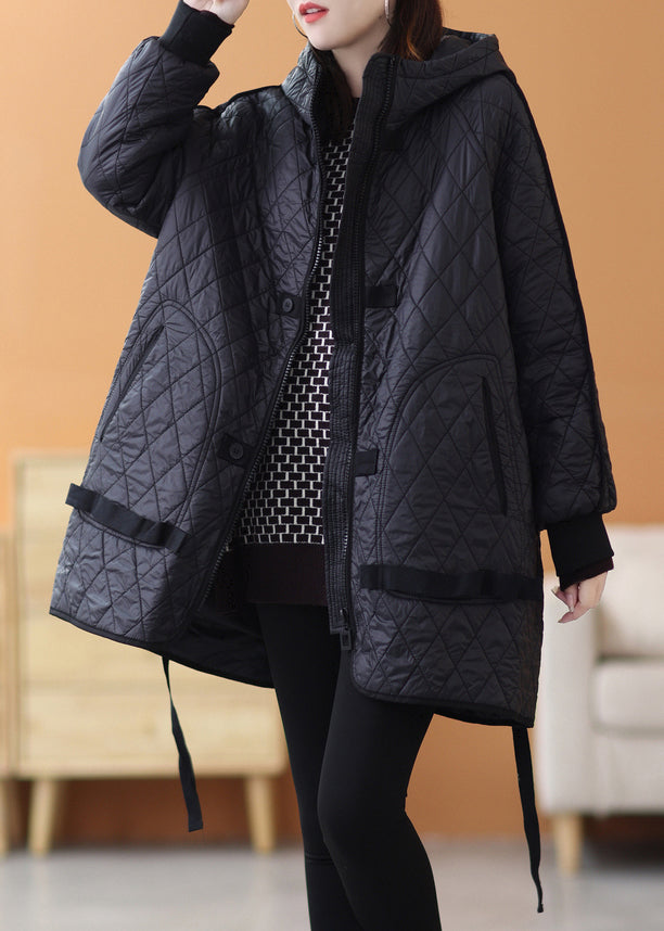 Black Solid Patchwork Thick Parka Zip Up Long Sleeve