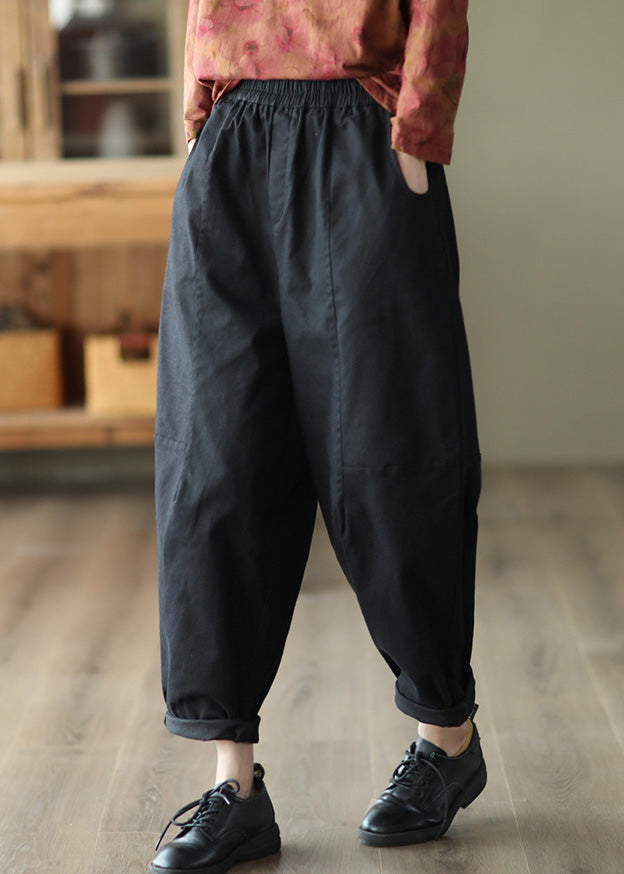 Black Solid Pockets Cotton Crop Pants Elastic Waist