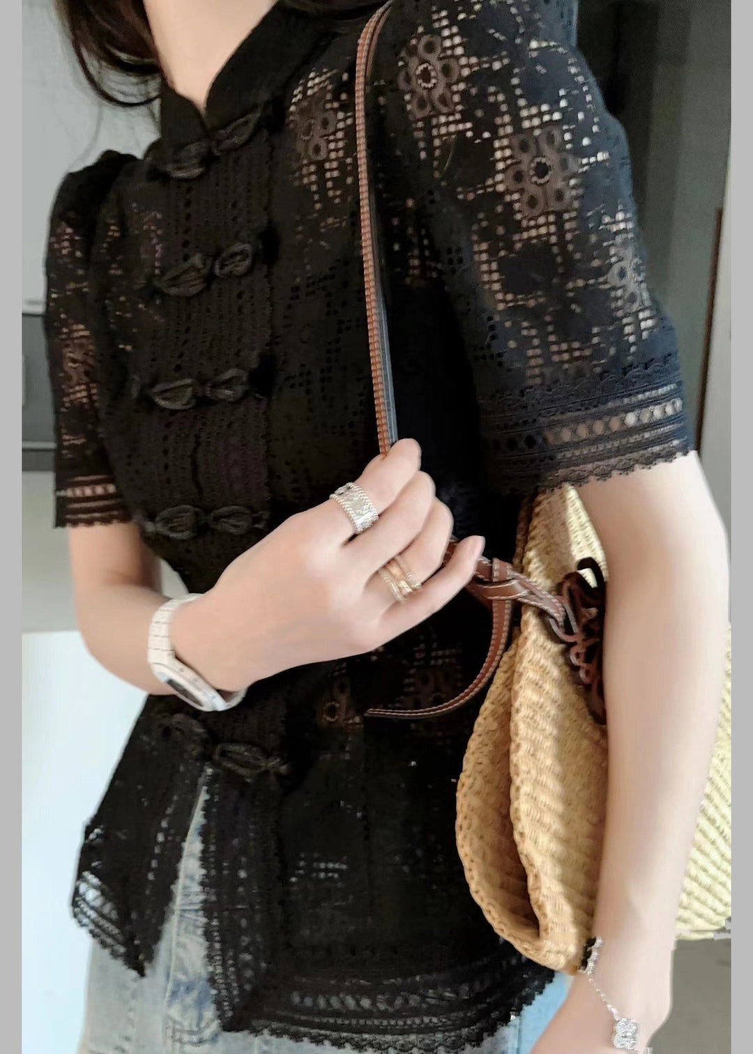Black Stand Collar Button Lace Shirt Puff Sleeve