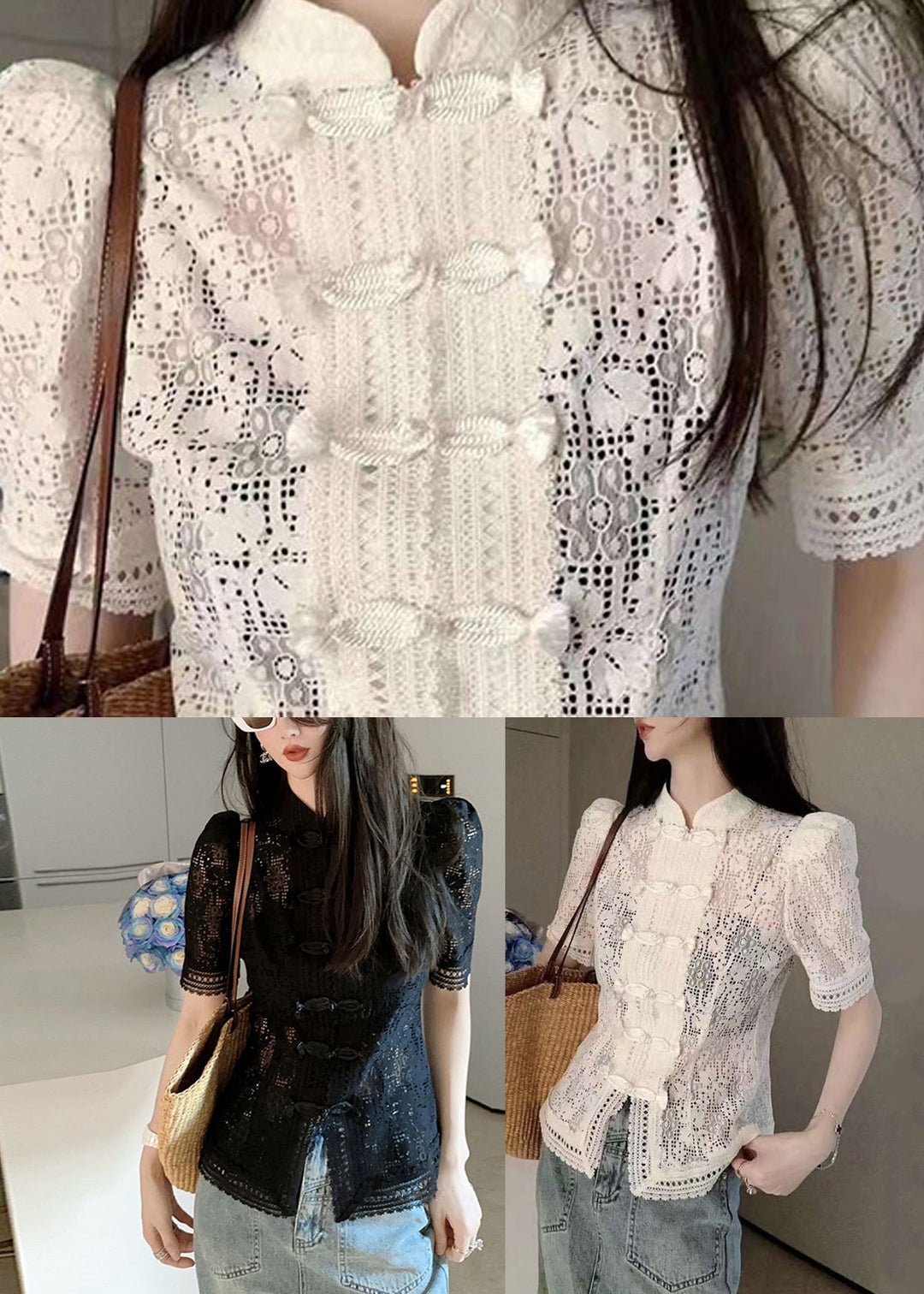 Black Stand Collar Button Lace Shirt Puff Sleeve