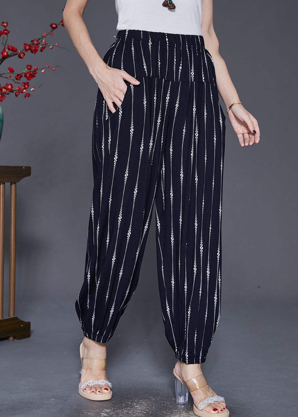 Black Striped Cotton Harem Pants Oversized Elastic Waist Fall