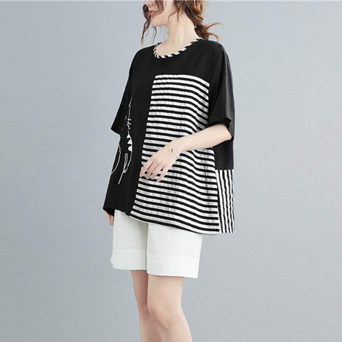 Black Striped Cotton Tank top Asymmetrical Short Sleeve