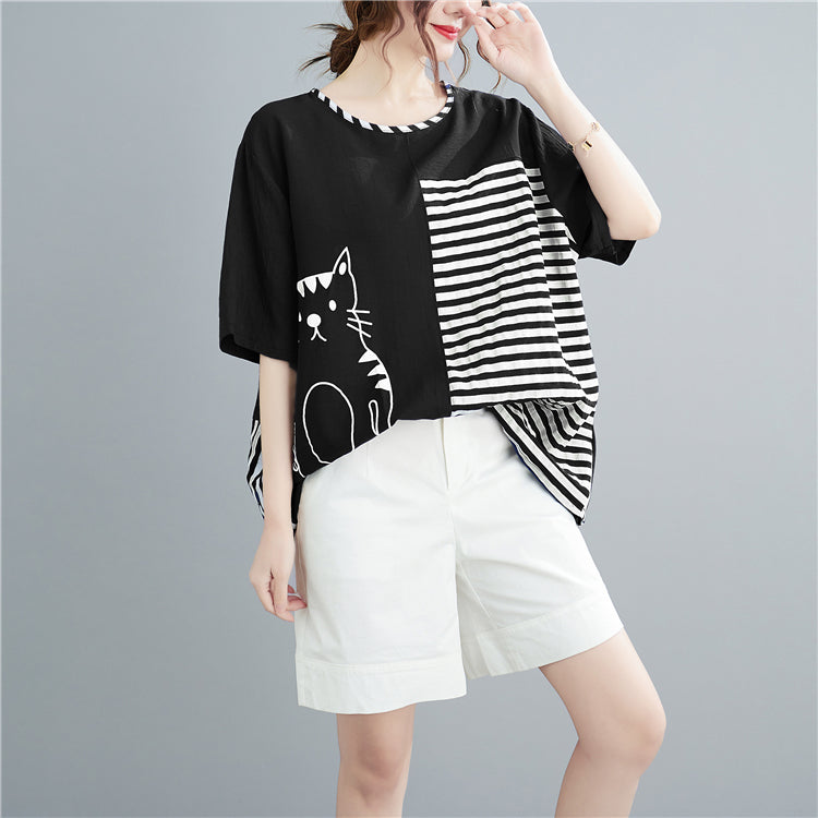 Black Striped Cotton Tank top Asymmetrical Short Sleeve