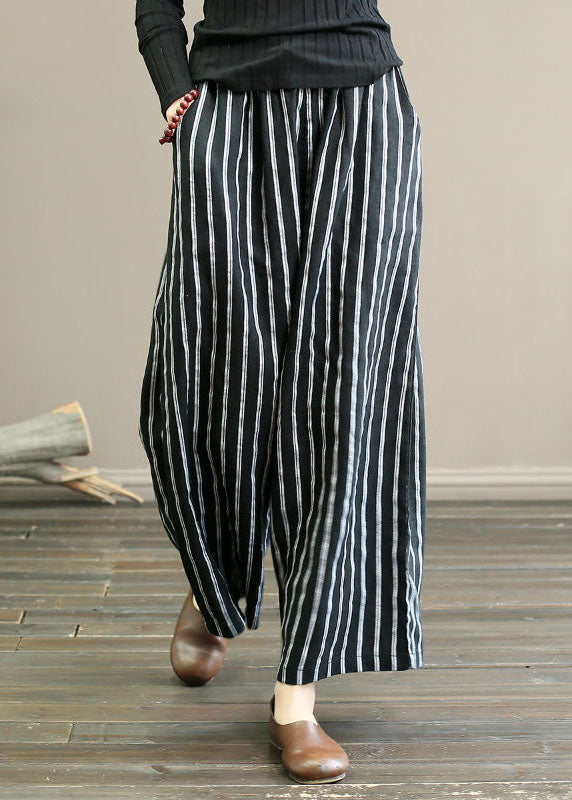 Black-texture Striped Linen Wide Leg Pants Elastic Waist Oversized Summer