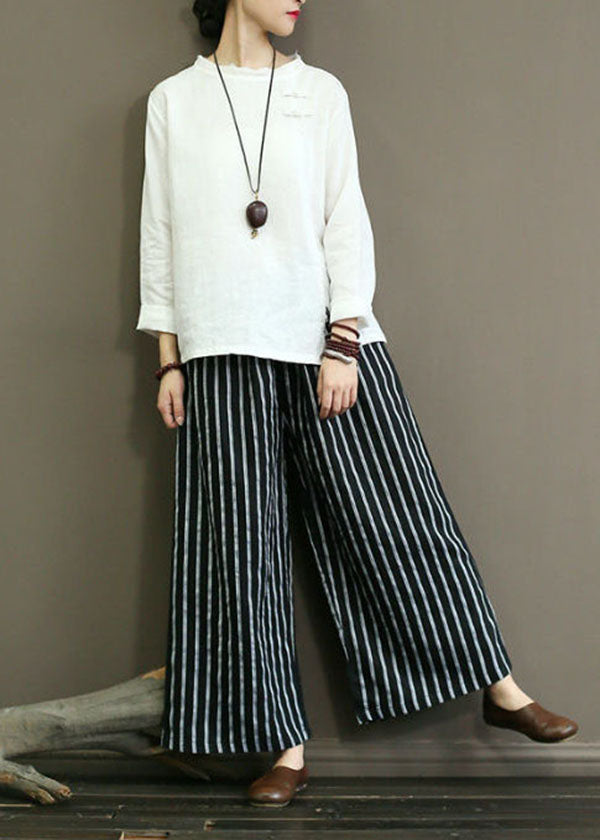 Black-texture Striped Linen Wide Leg Pants Elastic Waist Oversized Summer