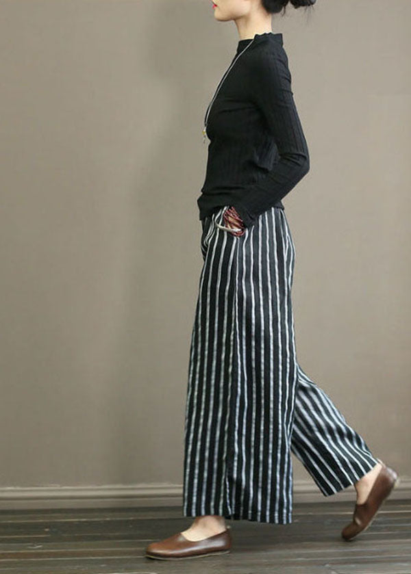 Black-texture Striped Linen Wide Leg Pants Elastic Waist Oversized Summer