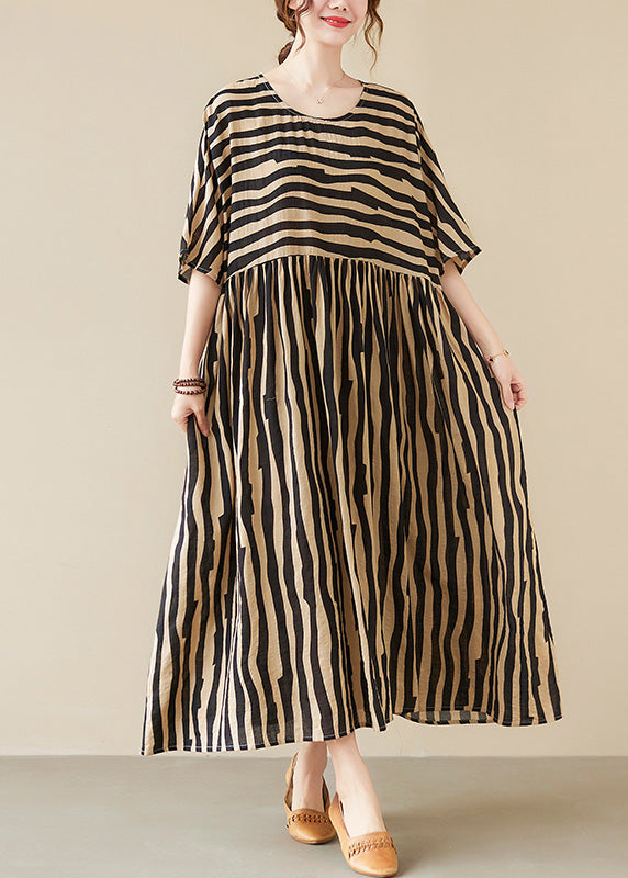 Black Striped Patchwork Wrinkled Maxi Dresses Summer