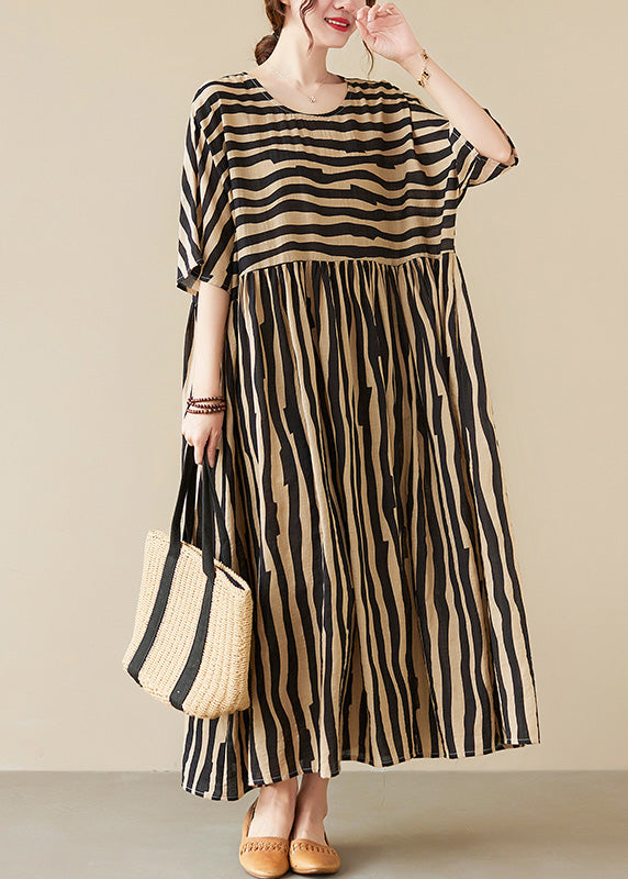 Black Striped Patchwork Wrinkled Maxi Dresses Summer