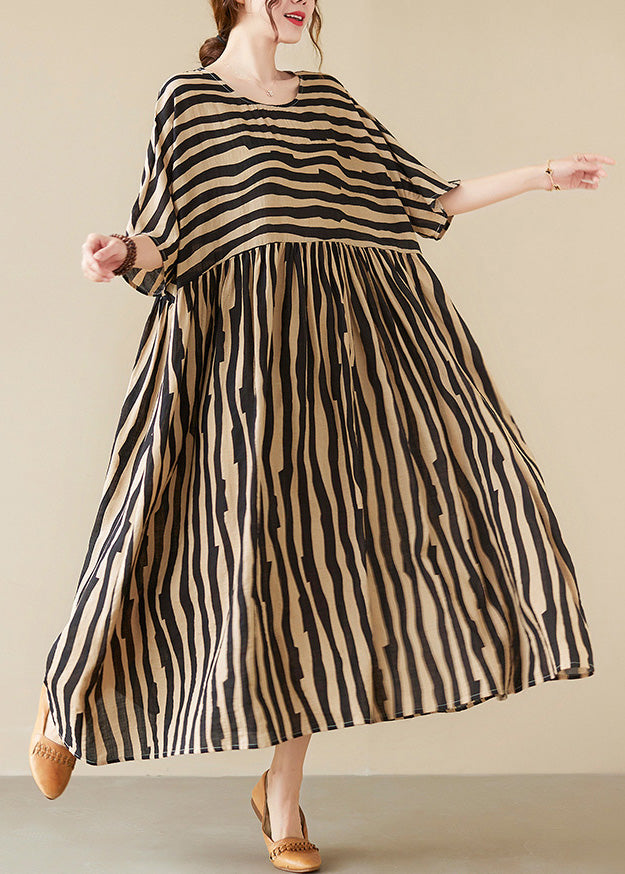 Black Striped Patchwork Wrinkled Maxi Dresses Summer