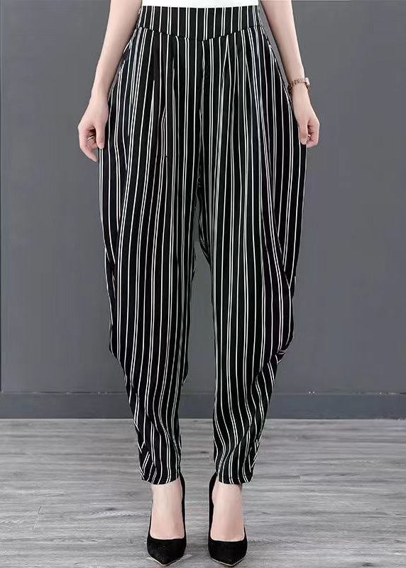 Black Striped Pockets Patchwork Chiffon Harem Pants Summer