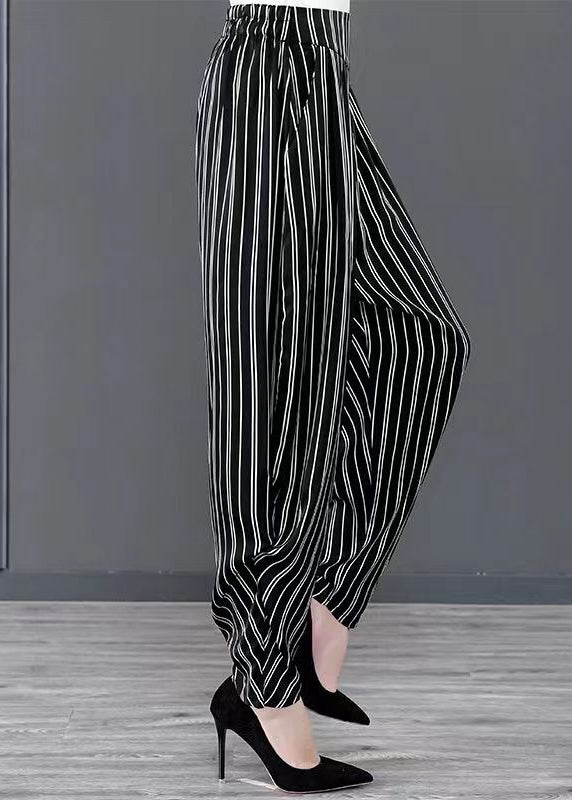 Black Striped Pockets Patchwork Chiffon Harem Pants Summer