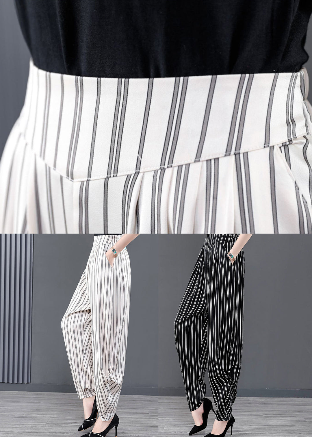 Black Striped Pockets Patchwork Chiffon Harem Pants Summer