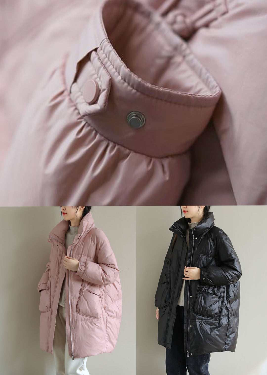 Black Thick Duck Down Down Coat Stand Collar Oversized Pockets Winter