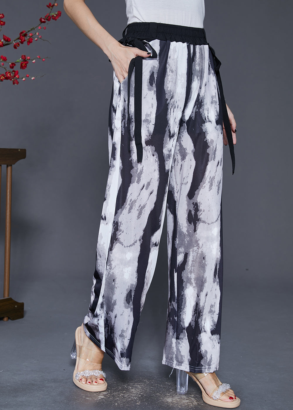 Black Tie Dye Chiffon Straight Pants Trousers Draping Fall