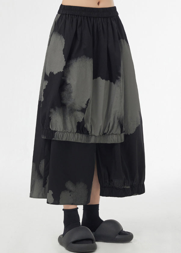 Black Tie Dye Pockets Elastic Waist Patchwork Cotton Skirt Asymmetrical Summer