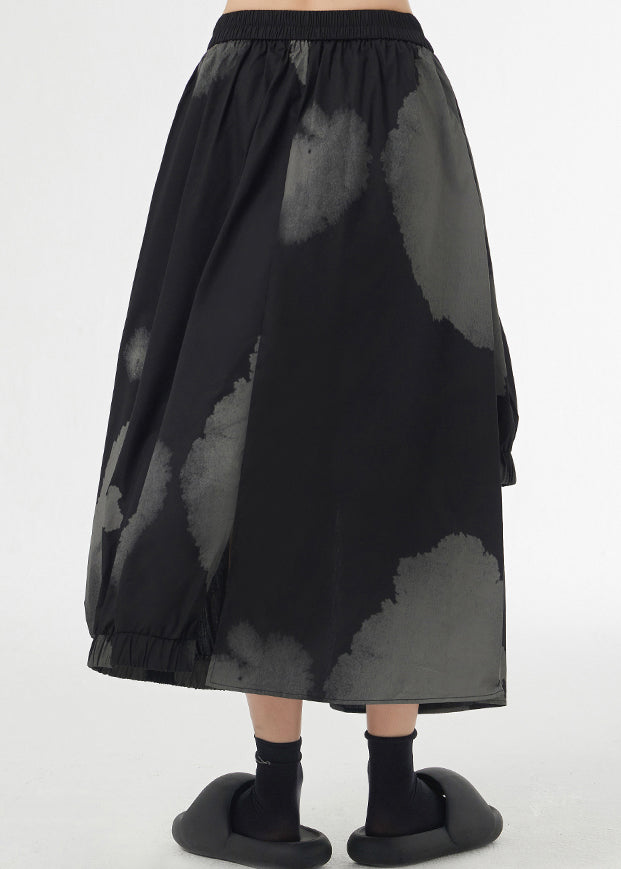 Black Tie Dye Pockets Elastic Waist Patchwork Cotton Skirt Asymmetrical Summer