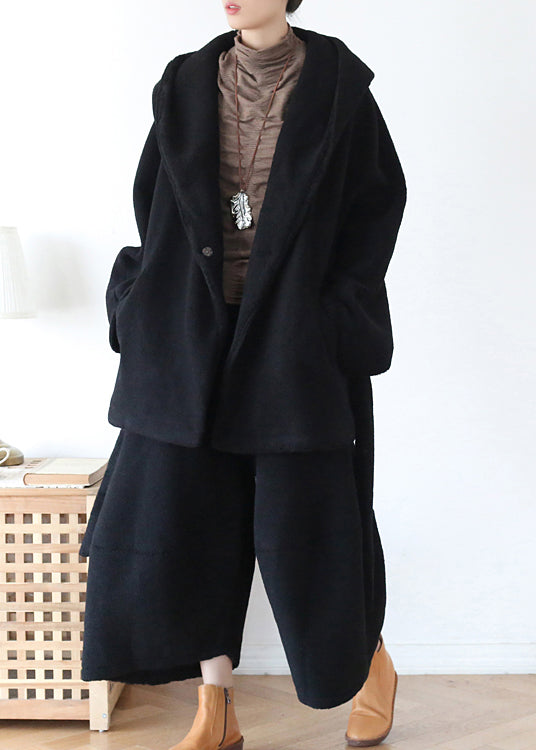 Black Tie Waist Woolen Hooded Coat Long Sleeve